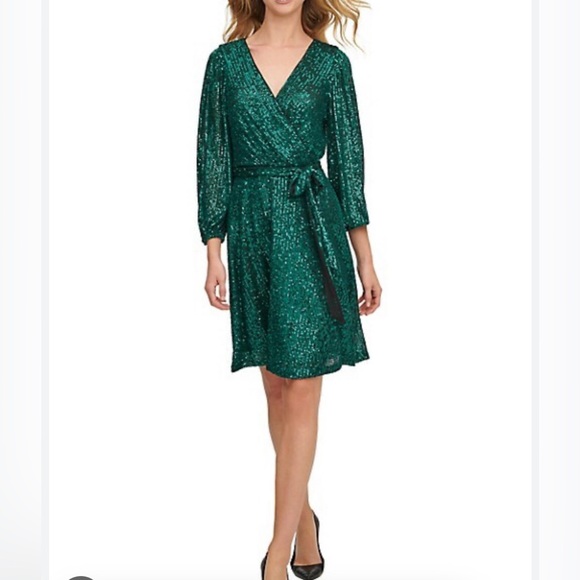 DKNY Womens Green Sequined Knee Wedding Cocktail and Party Dress - Picture 2 of 3